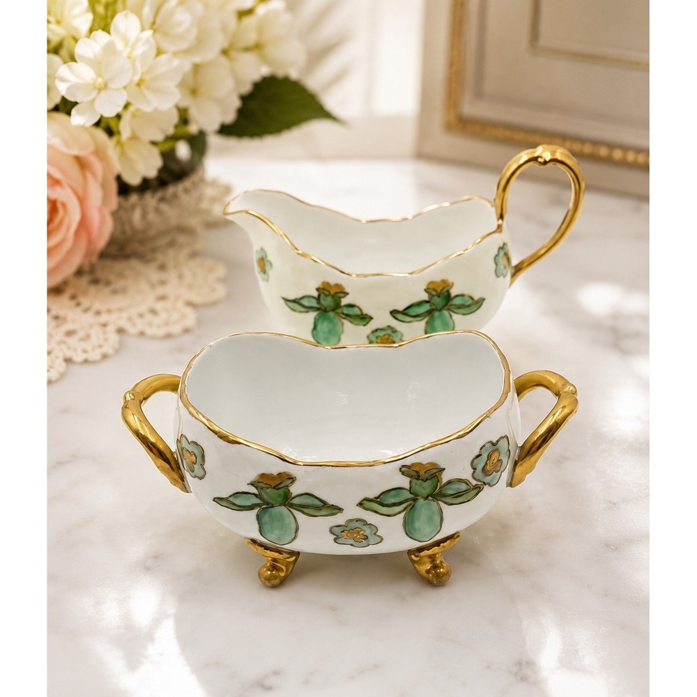 1913 Bavaria Germany Gold Edge Hand Painted Open Sugar Porcelain